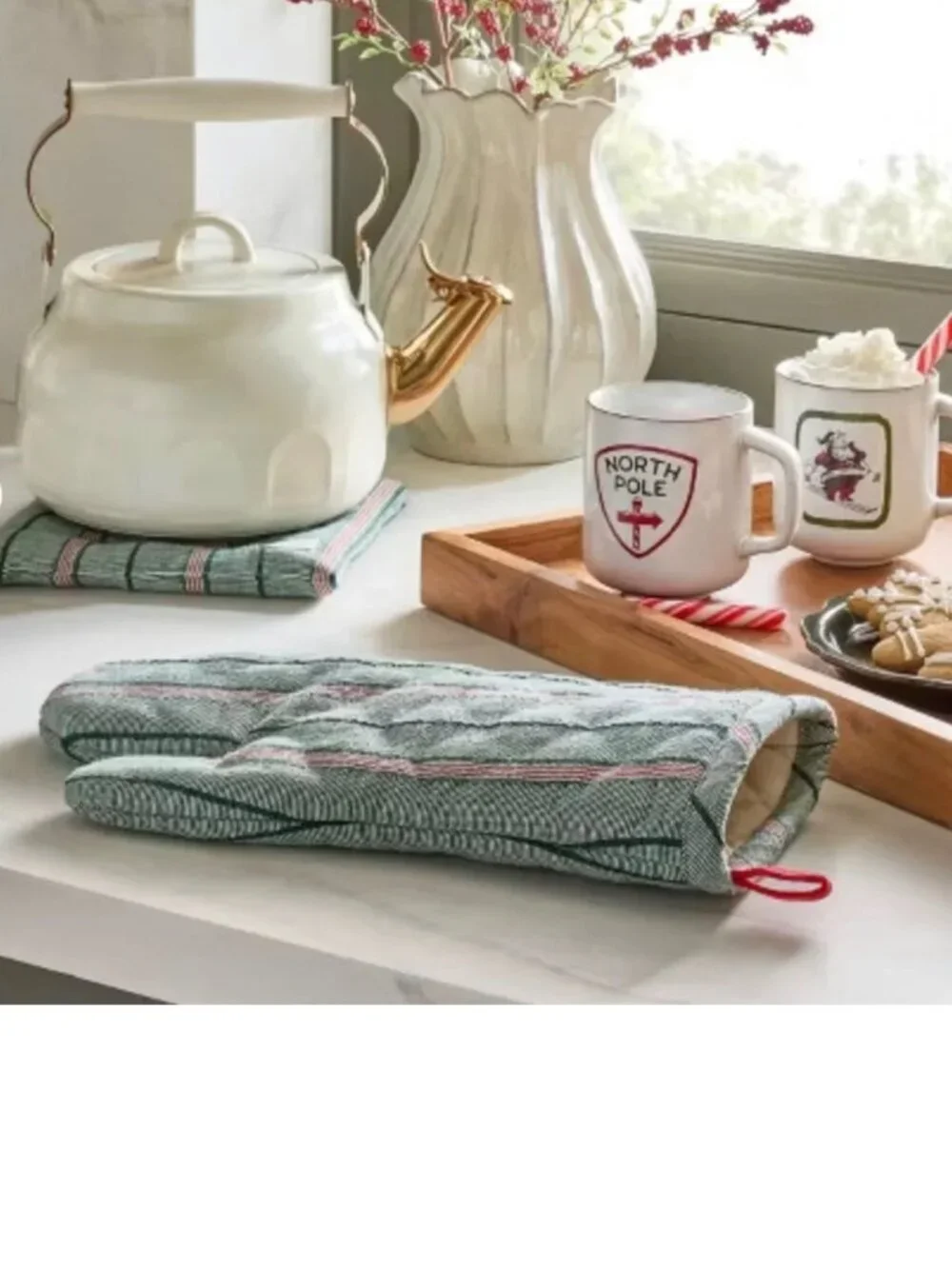 HEARTH & HAND Stripe Oven Mitt Potholder Set Green Red 2 Piece Set